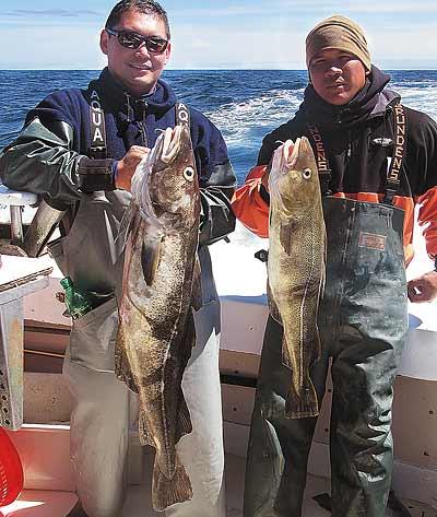 Dennis Rodriguez, left, and Rod Augustin showed off two of a number of large cod they caught while fishing from the Blue Fin IV charter boat last week. Augustin, a marine, will begin his fifth tour in Afghanistan next week.