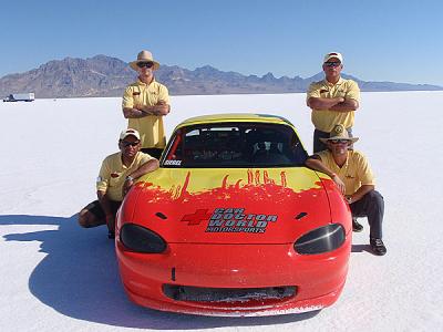 Clockwise from top left are Derrick Kielt, Ryan Pilla, Rod Davidson, and Henry Boston with the four-cylinder Mazda MX5 Spec Miata at the Bonneville Flats.