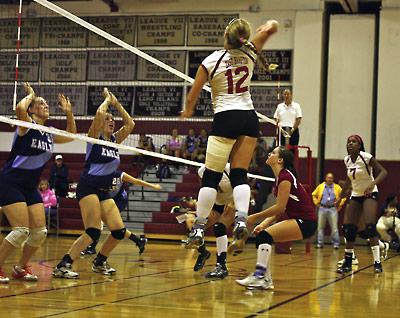 Katla Thorsen (12) couldn’t miss in last Thursday’s rout of Rocky Point here. East Hampton won by scores of 25-6, 25-9, and 25-16.