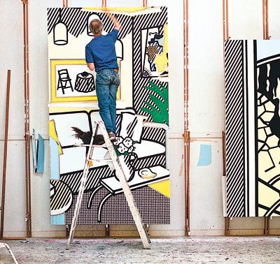 Laurie Lambrecht’s new book has plenty of pictures of Roy Lichtenstein in his studio, including this one with him on a ladder painting an interior scene.