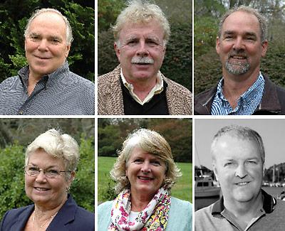 Candidates for East Hampton Town Board, clockwise, Richard Haeg, Steven Gaines, Peter Van Scoyoc, Marilyn Behan, Sylvia Overby, Bill Mott