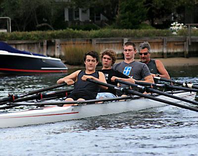 Andrew Hart-Adler, at right, a founder of the University of North Carolina’s crew program, has been working in the Sag Harbor Community Rowing club’s quads with William Benedict, Andrew Mack, and Brett Listl.