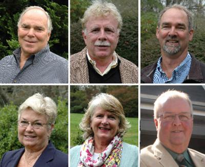 Candidates for East Hampton Town Board, clockwise, Richard Haeg, Steven Gaines, Peter Van Scoyoc, Marilyn Behan, Sylvia Overby, Bill Mott