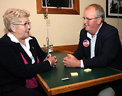 Marilyn Behan and Bill Mott, town board candidates running on the Independence Party Line, discussed their pending fate Wednesday night at Astro’s Pizza in Amagansett.