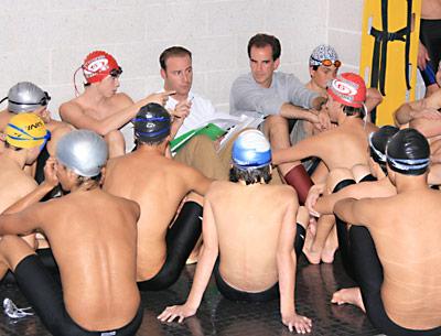 Because of boys swimming’s unprecedented numbers, Bonac’s head coach, Jeff Thompson, with clipboard, is glad to have Craig Brierley back as his assistant.