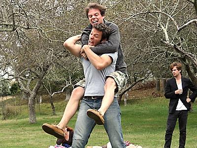 Performing in street clothes with minimal props and staging, the Green Theatre Collective must rely on the expressiveness of actors to tell a story: from left, Hal Fickett, on top, David Shaw, and Brendan Boland.