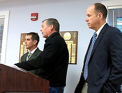 From left, Dennis Fabiszak, director of the East Hampton Library, Ben Krupinski, and Jeffrey Butler appeared before the East Hampton Village Design Review Board to discuss the library’s expansion plans.