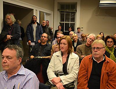 Sag Harbor’s Municipal Building meeting room was packed on Tuesday evening for a public hearing on a variance for the Larry Rivers “Legs” sculpture.