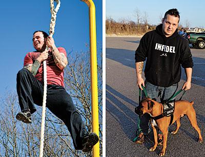 Thomas Spotteck (left) has been raising money to help a fellow veteran. He will participate in a series of fund-raising athletic events, including a “boot camp” in Sag Harbor on April 22. Michael Roesch showed a vest his service dog, Rex, wears. His constant companion has been helpful for his post-traumatic stress disorder symptoms.