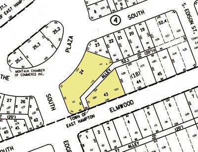 The grounds of the former Ronjo motel in Montauk (shaded area) are bisected by a narrow strip of town land that had been laid out as an alleyway long ago.