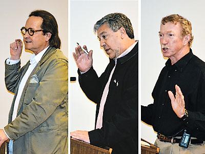 John Healy, left, who worked to block a Sag Harbor ferry in the past, said that the end of the village’s Main Street already “doesn’t work.” Sag Harbor Police Chief Tom Fabiano, center, commended the village board on taking a chance, but advised the trustees to limit the number of ferries. John Costello, right, a Greenport resident who had been involved with a passenger ferry from Sag Harbor from Greenport in the 1970s, said, “Try it.”