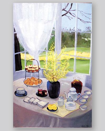 Tea at the Manor, First Forsythia” by Pingree Louchheim is on view at Romany Kramoris Gallery in Sag Harbor.