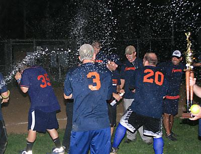 The East Hampton Town men’s slow-pitch softball league may have run out of gas, but, as is evident above, Schenck Fuels hasn’t.