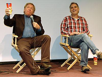 Ken Rudin, left, and Brian Malone discussed the film “Patriocracy” after its screening at the Bay Street Theatre on Saturday night.