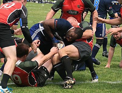 Jarrel Walker, one of Montauk’s flankers, was prevented from touching the ball down in Long Island’s try zone, but soon after the pack pushed the ball over from the five-meter line.