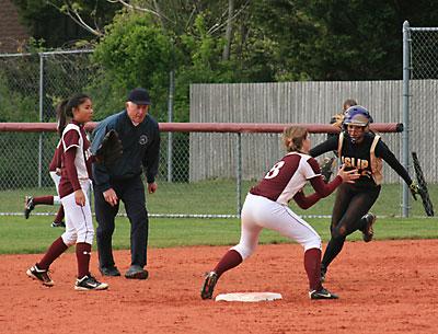 While East Hampton’s shortstop, Ali Harned, made the putout above, late-inning errors did the Bonackers in in the game here with Islip on May 2.