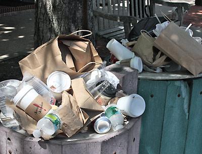 A recent weekend’s overflowing garbage cans on Main Street, Amagansett