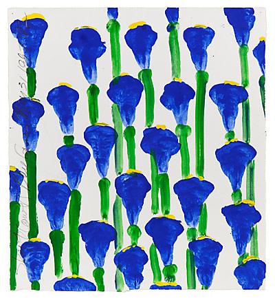 Donald Sultan’s “Skyflowers Blue Green May 31 1997,” a tempera painting on Somerset paper, is part of a new solo show of his work at the Drawing Room Gallery in East Hampton.