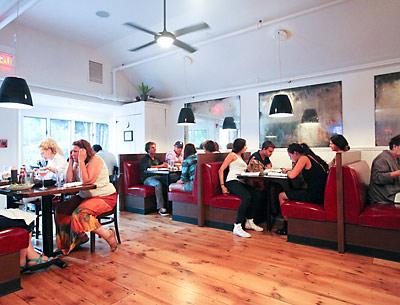 Some of the American Bistro interior renovations remain: large comfortable red Naugahyde booths, hanging light fixtures with big black shades, and nice wood plank floors.