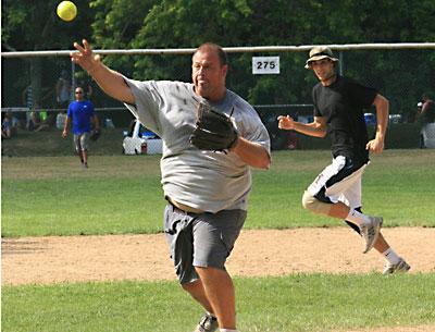 Geoff Miller, though he’s added some pounds since he played the hot corner for Fred’s Big Guns, four-time men’s slow-pitch champions in the 1990s, pitched and fielded well for the Springs Fire Department’s entry.