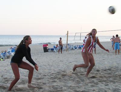 Molly Nolan and Calli Stavola, of the Beach Diplomats, will be playing in the Gurney’s Inn beach volleyball league’s final rounds this evening.