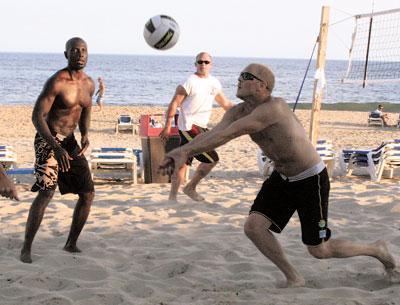 Kofi Sekyiamah and Todd Carberry looked on as Jessie Libath laid the ball up during last Thursday’s semifinal between the Beach Diplomats and Team Dempsey at Gurney’s Inn.