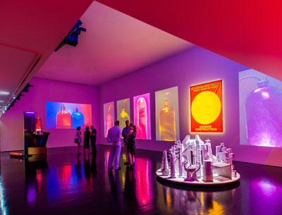 A group of pieces and projections from Mike Kelley’s “Kandor” project takes up the bulk of the south wing of the Watermill Center.