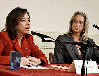 A debate was held last Wednesday between Town Councilwoman Bridget Fleming, right, and Jennifer Maertz, left, who will run against her. Both candidates seek to oust Senator Kenneth P. LaValle from his first district seat.