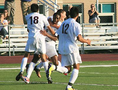 Donte Donegal, facing the camera, scored Saturday’s winning goal for the Bonackers.