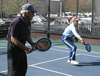 Marie Minnick, a platform tennis pro at four clubs here, and her husband, Peter, showed some of E.H.I.T.’s clinic-takers how the game was played Sunday morning.