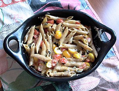 It’s time to break out the Dutch ovens and make a casserole, such as this one with penne, tomato, cream, and five cheeses.