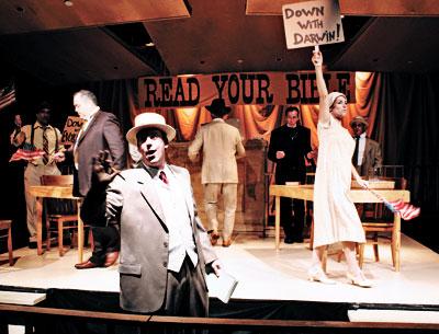 Jack Seabury, center, plays a character loosely based on H.L. Mencken in the Center Stage production of “Inherit the Wind,” onstage through this weekend in Southampton.