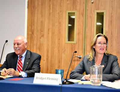 State Senator Kenneth P. LaValle debated his challenger, Southampton Town Councilwoman Bridget Fleming, on Monday night in East Hampton Village.