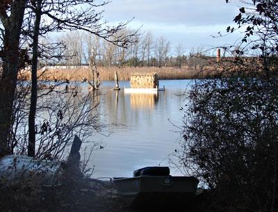 A duck blind set up on Turtle Island in the northwest corner of Fort Pond in Montauk has nearby residents on edge.