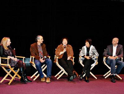 Susan Lacy, center, was joined by, from left, Jamie Bernstein, Roger Sherman, Susan Makepeace, and Michael Epstein at an event in Ms. Lacy’s honor at the Bay Street Theatre in Sag Harbor Saturday night.