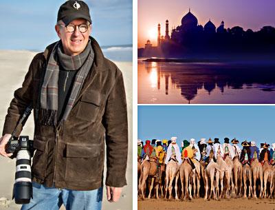 While Eric Meola takes his camera to the beach from time to time, he is most at home shooting in more distant and exotic locales.  Top right: the Taj Mahal in Agra, India, at sunrise; Bottom right: “Desert Rendezvous,” taken in Niger