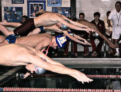 East Hampton’s Thomas Brierley, arcing above everyone else, and his 200-medley relay teammates, Trevor Mott, Christopher Kalbacher, and Shane McCann, opened the meet with a win.