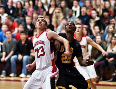 Pierson’s Jake Bennett and Bridgehampton’s Jason Hopson anxiously awaited a rebound before a standing-room-only crowd in Sag Harbor Friday night.