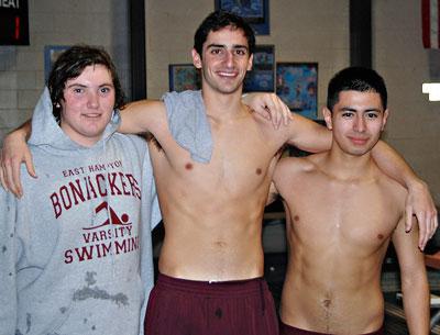 The seniors Andrew Winthrop, Sergio Betancur, Christian Figueroa, and Adam Heller (not pictured) were honored before East Hampton’s last home meet at the Y.M.C.A. East Hampton RECenter last Thursday.