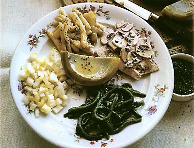 Salade Tourangelle, from Robert Freson’s “The Taste of France,” is a selection of cooked artichoke hearts, asparagus, and green beans served with raw celery and mushrooms, each with its own separate vinaigrette.