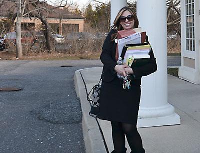 Melissa Aguanno, an attorney, leaves East Hampton Justice Court on March 22 after a jury voted her client “not guilty” of the two charges she faced, driving while intoxicated, and driving with ability impaired by alcohol.