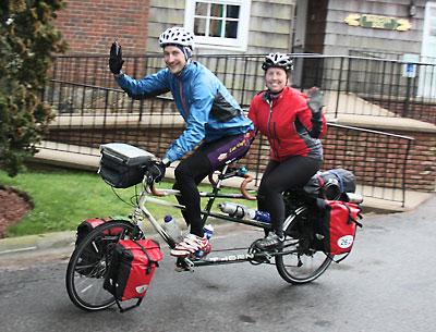 An English couple touring aboard a tandem bike that folds in half stopped by the L.V.I.S. in East Hampton on April 23, intrigued by the sign.