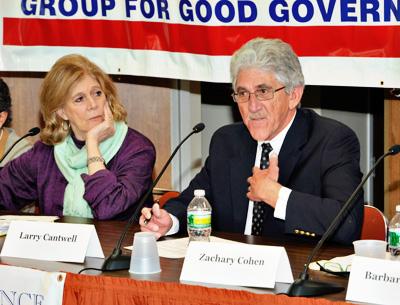 Lynn Sherr, left, moderated a forum Saturday on the council-manager form of government. Larry Cantwell, right, the East Hampton Village administrator, was among a panel discussing the idea’s pros and cons.