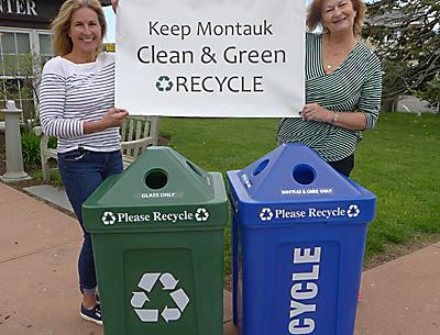 Catherine Foley, left, of the Air and Speed Board Shop, and Laraine Creegan of the Montauk Chamber of Commerce have initiated a recycling program in downtown Montauk.