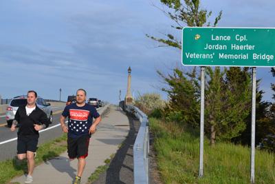 Thomas Spotteck and Michael Roesch practiced for Saturday’s Memorial 100 Run from Montauk to Ground Zero, which will bring dozens of runners over the Lance Cpl. Jordan Haerter Veterans’ Memorial Bridge in Sag Harbor.