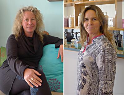 At her new shop, Made in Montauk, Ingrid Torjesen, left,  sells handmade pillows like the ones she is lounging on. Kim Gatti, right, has opened the Beach Boutique at Montauk Harbor.