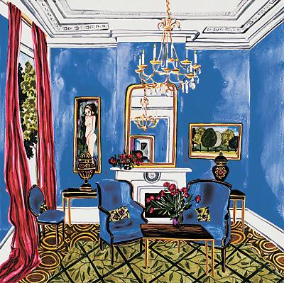 “The Blue Room,” a watercolor on board from 2011, is part of “The Hitchcock Kiss,” a solo show by Annika Connor at QF Gallery in East Hampton.