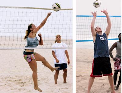 Tahlia Miller, left, is among a number of former East Hampton High School stars who will play in Gurney’s coed beach volleyball league this summer.  The State University of New York Athletic Conference’s men’s basketball player of the year, Hayden Ward, right,set the ball for a teammate at Gurney’s last Thursday evening.