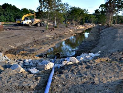 A long-stalled project to reduce pollution at Havens Beach was not finished as of Monday, though village officials had vowed the work would be completed by the start of swimming season.