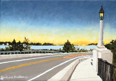 Barbara Hadden painted different versions of the Sag Harbor Veterans Memorial Bridge to be shown at the Romany Kramoris Gallery beginning today.